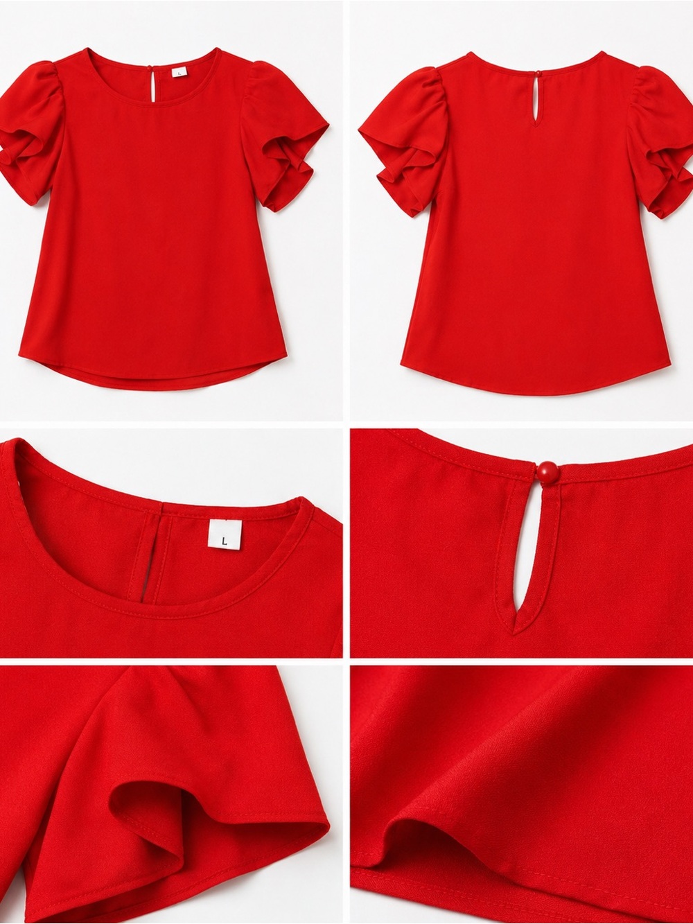Women's Red Ruffle Sleeve Blouse with Keyhole Back